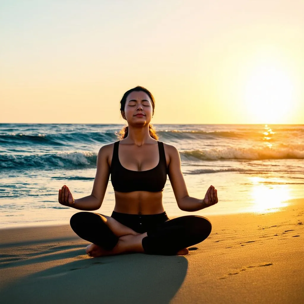 Woman meditating on the beach